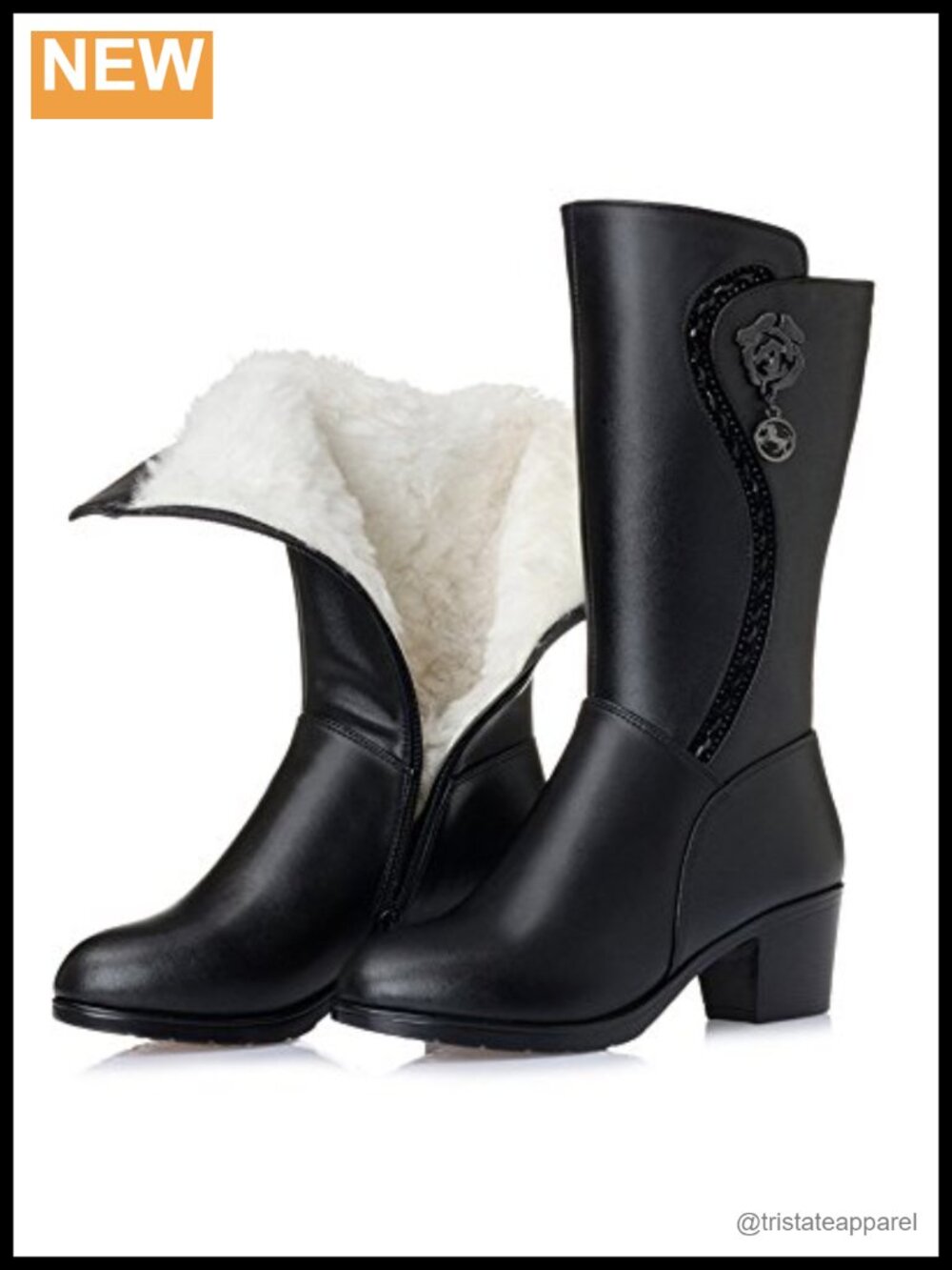 Wool Lined Chunky Heel Zip Mid-calf Boots with PU Leather